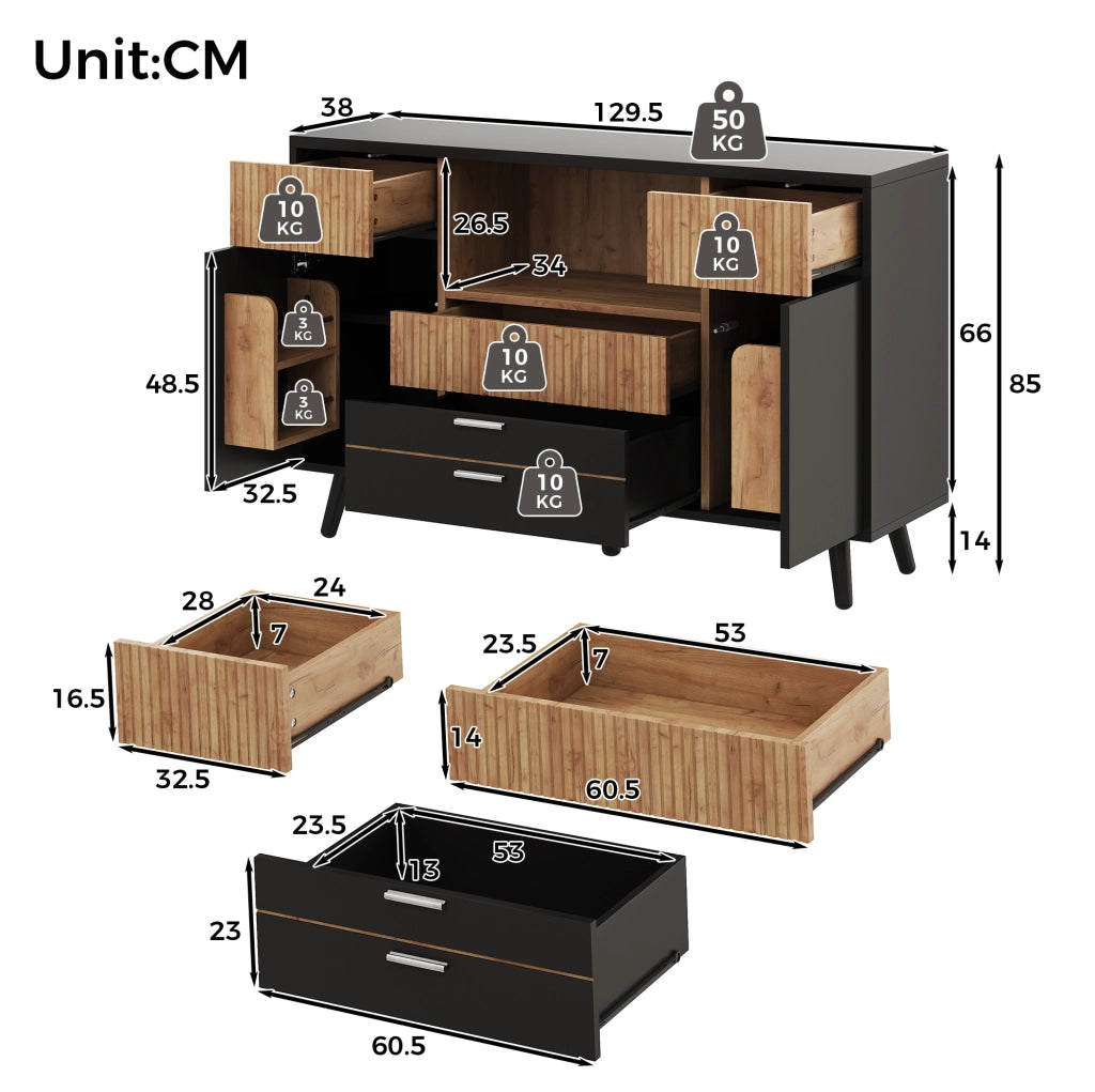 Credenza 130x38x85 cm in MDF naturale e nero con 4 cassetti e LED RGB