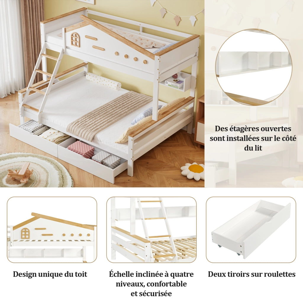 Letto a Castello Letto per Bambini 90x200 cm e 140x200 cm; 2 Cassetti; Mensole e Scala inclinata