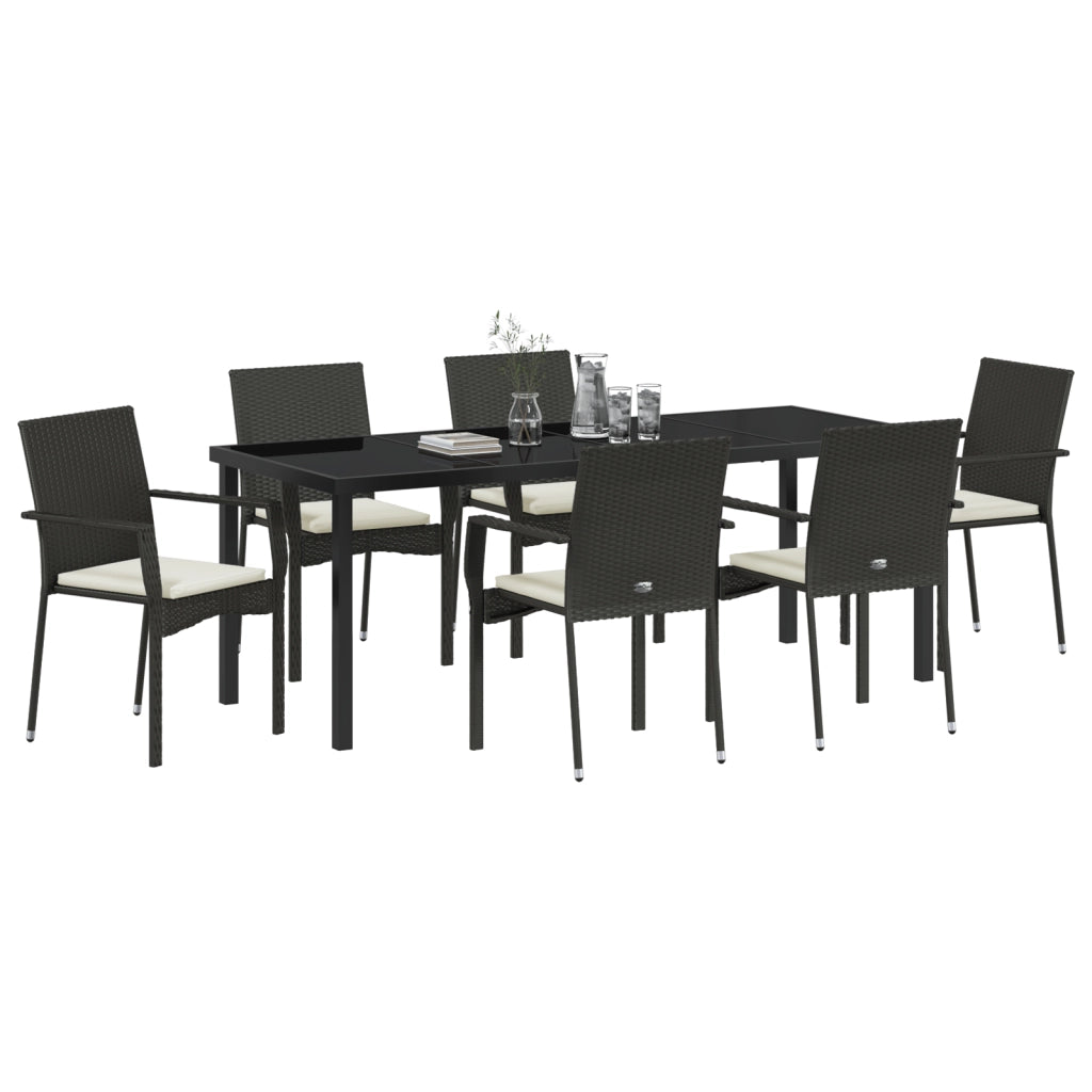 Set da Pranzo da Giardino 7 Pezzi con Cuscini Nero Polyrattan