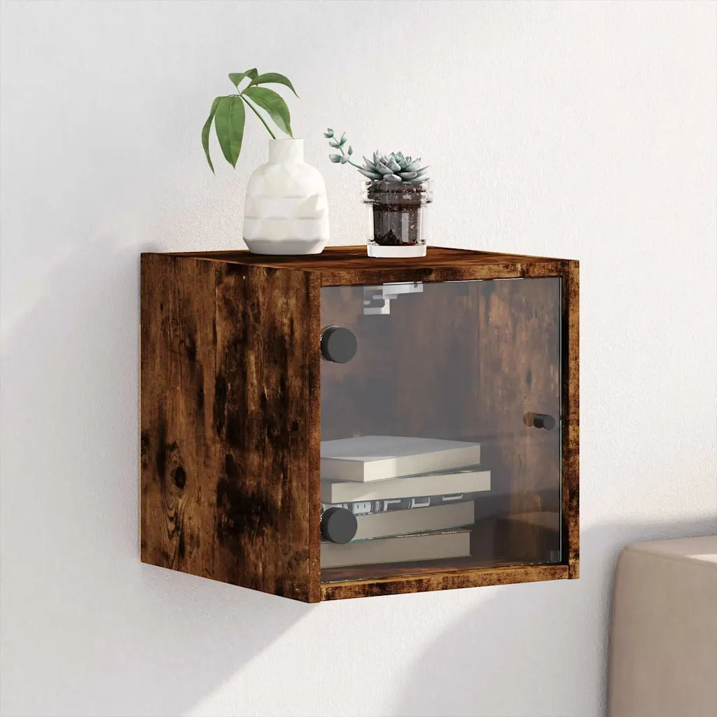 Comodino con Anta in Vetro-Tavolino da notte Rovere Fumo 35x37x35 cm
