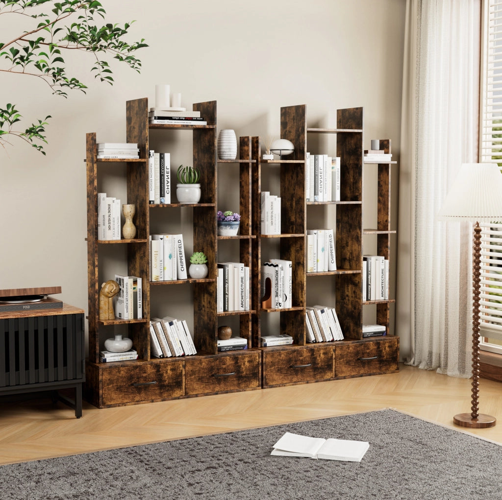 Libreria ULEVR ad albero 86x25x141 cm con 12 ripiani aperti e 2 cassetti, marrone rustico