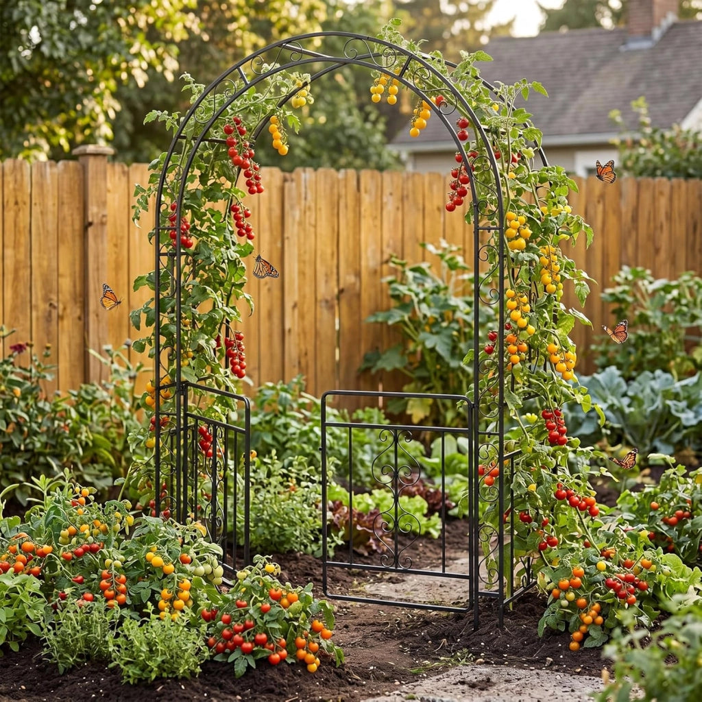 Arco da Giardino con Cancello, Pergolato per Piante Rampicanti | Pergola Decorativa in Metallo con Piedini a Punta e Chiusura, per Rose, Viti e Fiori da Matrimoni e Feste, 135x60x213 cm
