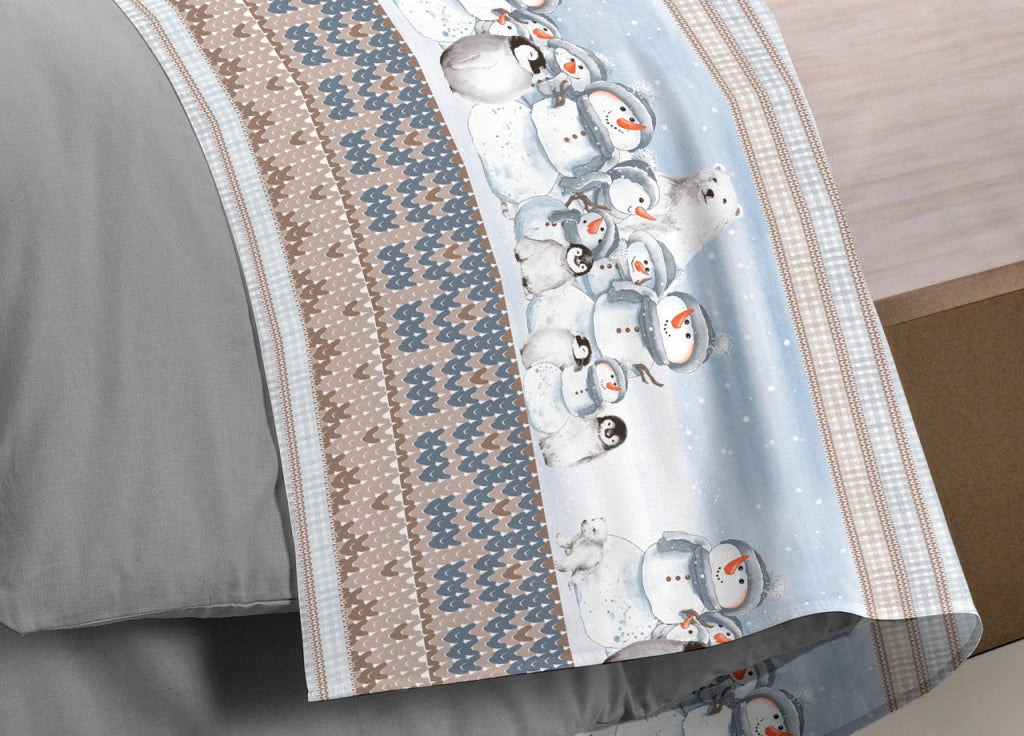 Completo Lenzuola Letto Pensieri Delicati 100% Cotone Dis. Inverno Polare - Matrimoniale - Beige