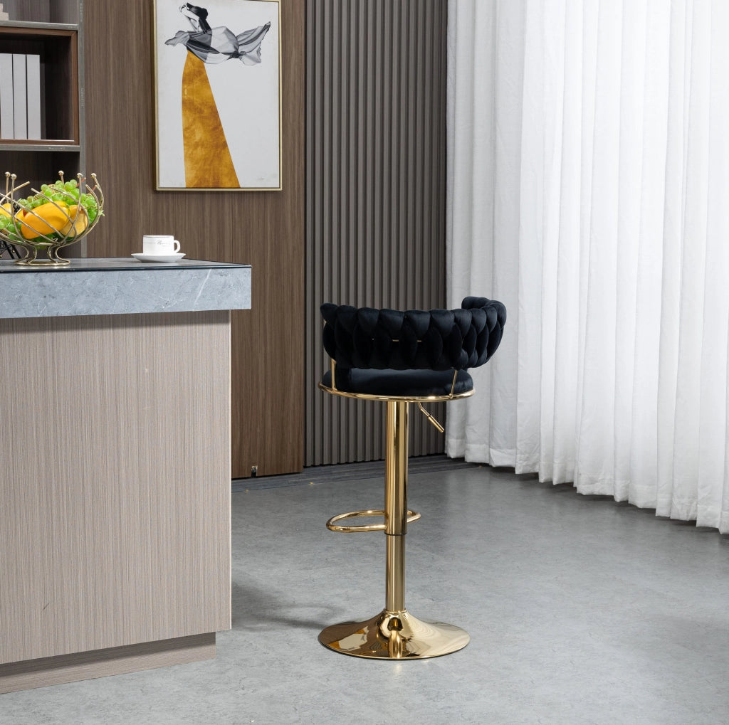 Sgabello da bar girevole 360° regolabile in altezza con schienale; velluto nero e base oro