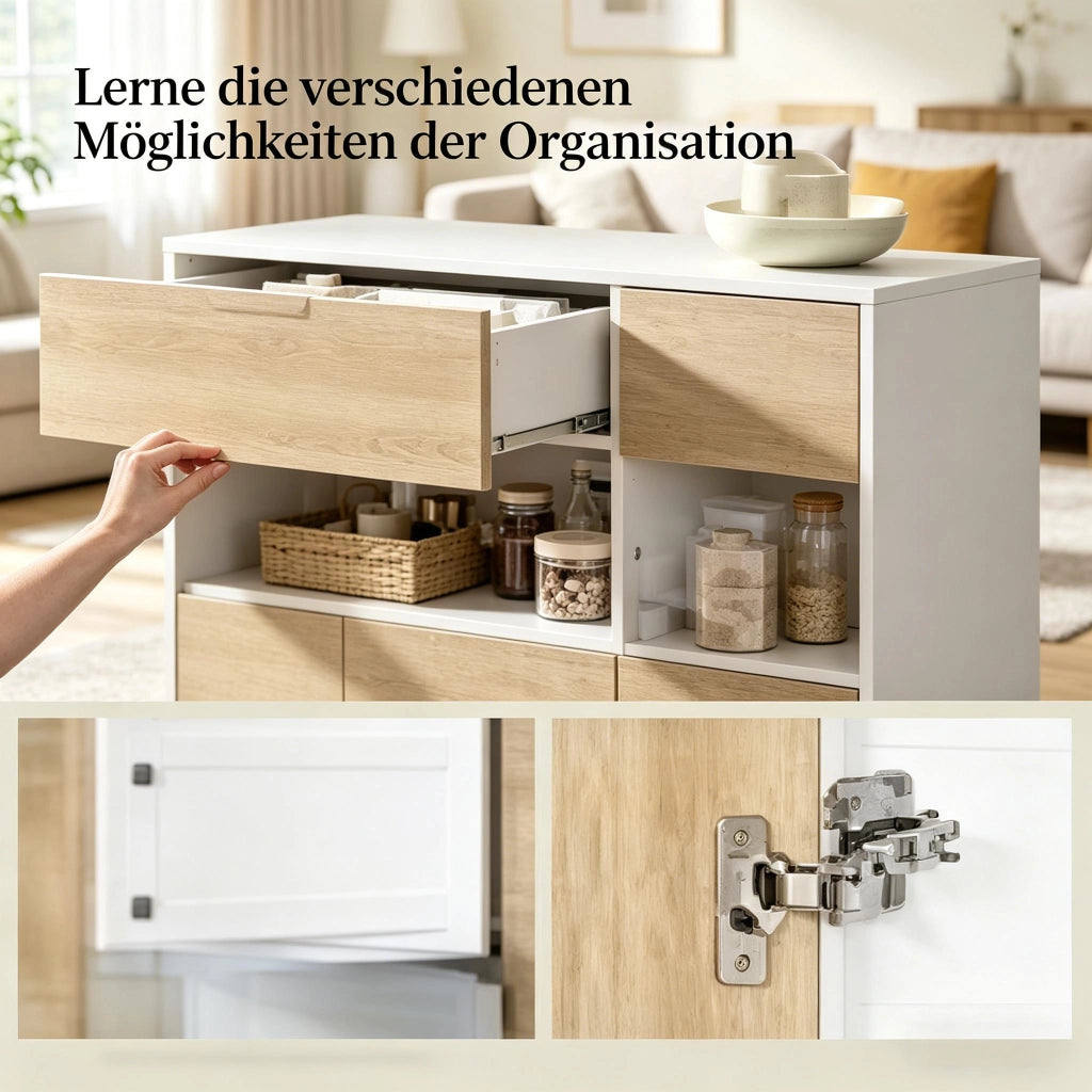Credenza e madia con vano aperto e anta acrilica, in legno ingegnerizzato, bianco e rovere chiaro, 100 × 40 × 80 cm