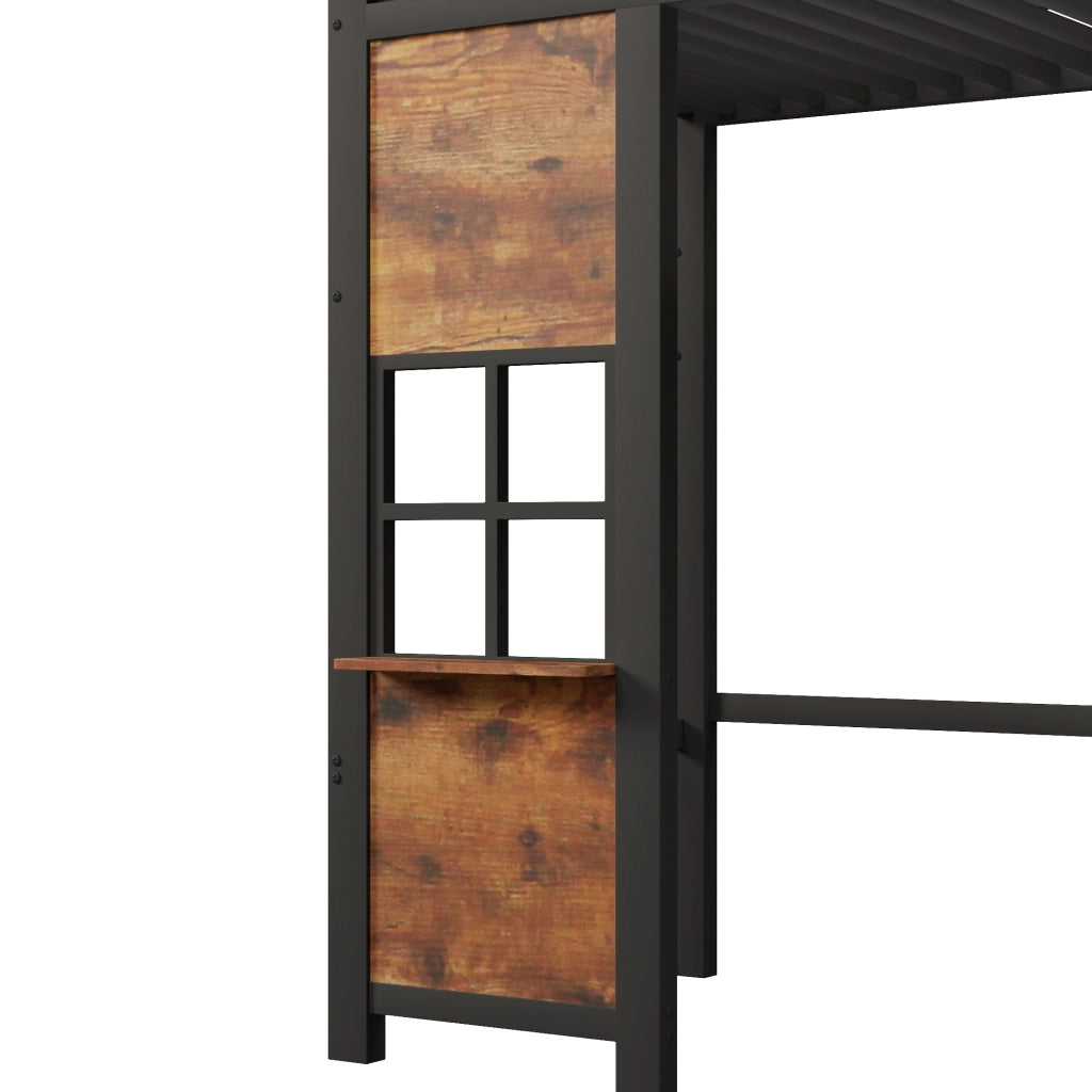 Letto a soppalco 90x200 cm con scala contenitore; finestra; spazio libero sottostante e parapetto; metallo nero