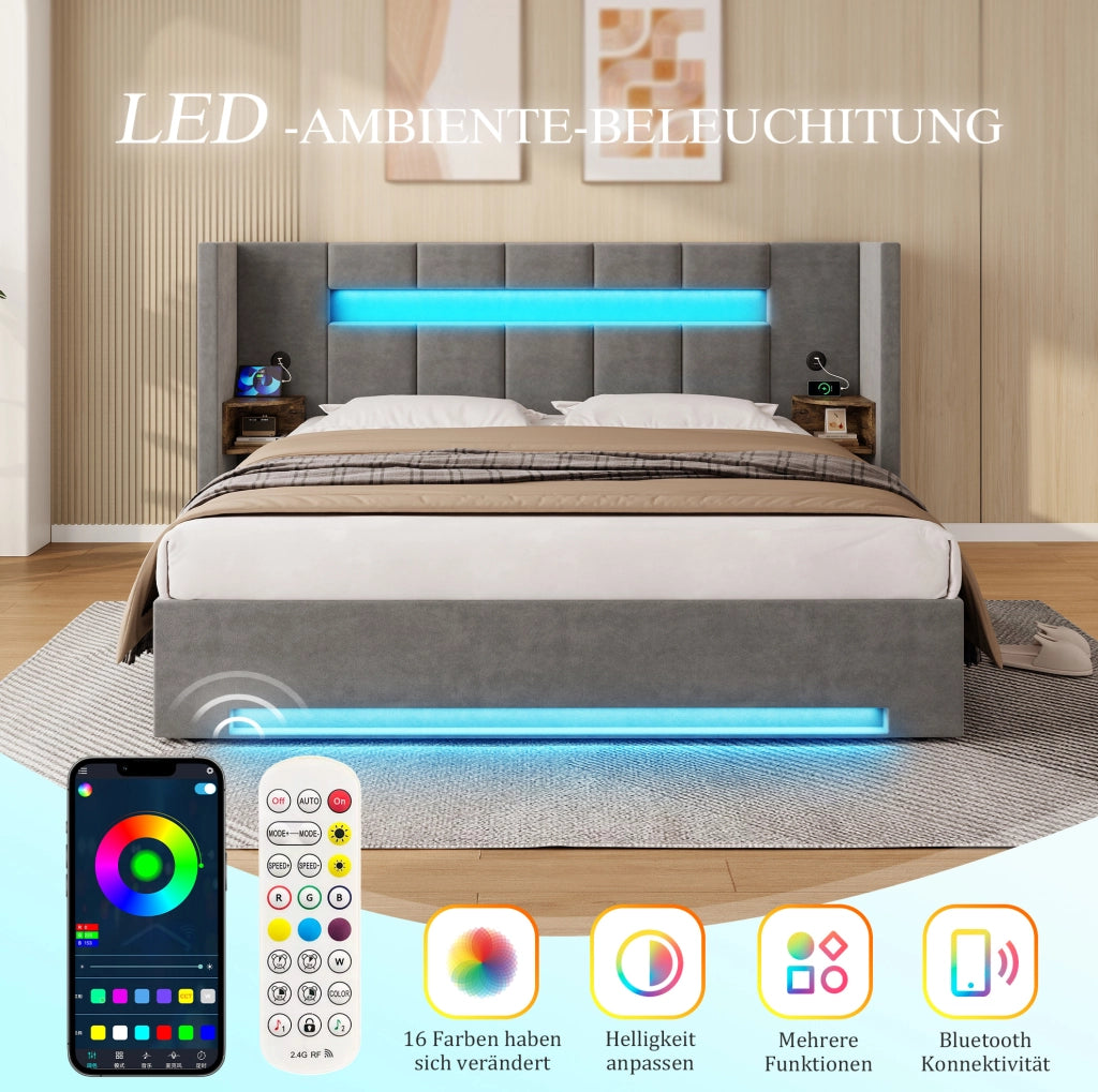 Letto matrimoniale 160x200 cm in velluto grigio scuro con LED e USB