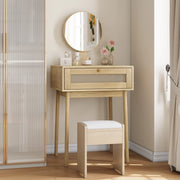 Toeletta con specchio, cassetti in vimini, modello compatto, senza sedia, color legno naturale