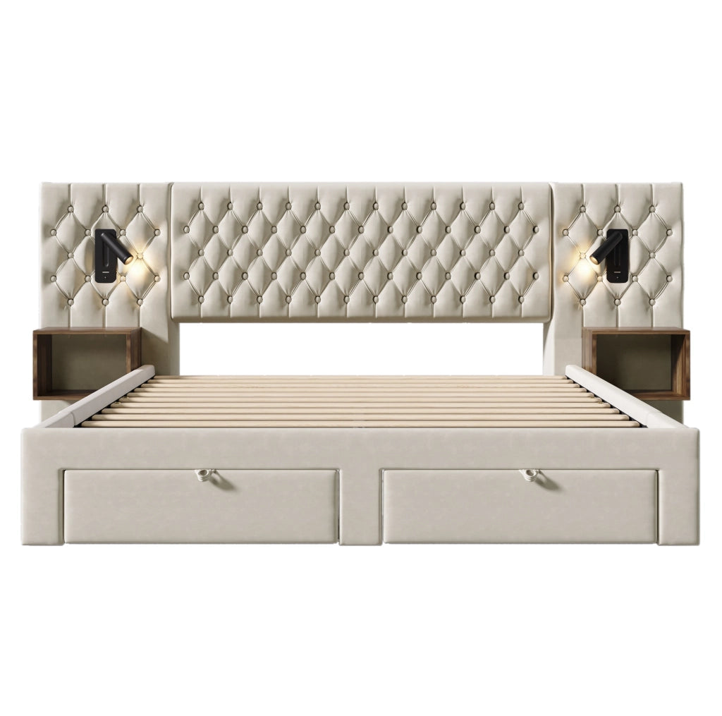 Letto matrimoniale 180x200 cm beige in velluto; 4 cassetti con luci USB e Type C