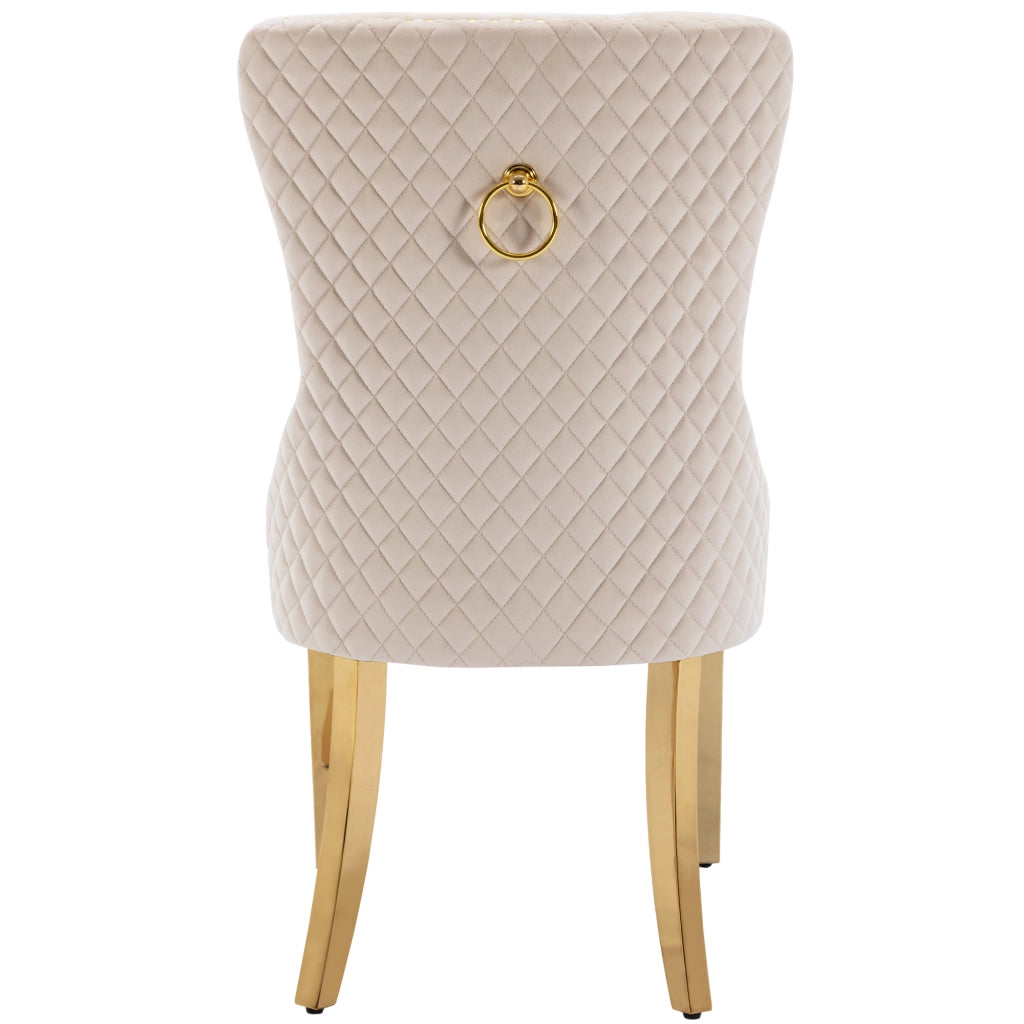Sedia da pranzo Set da 2 con Anello decorativo, Borchie e Piedini Regolabili in Velluto Beige