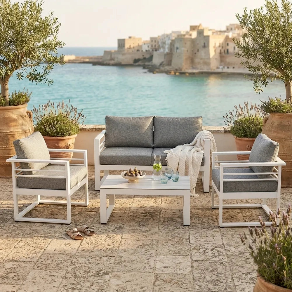 Salottino 2 posti LEROS in alluminio colore bianco tessuto grigio chiaro per spazi aperti con cuscineria sfoderabile.