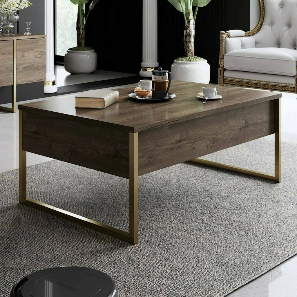 Tavolino da salotto Lavinia, Tavolo basso da caffè, Portariviste per divano, Ripiano da soggiorno, 90x60h40 cm, Noce e Oro