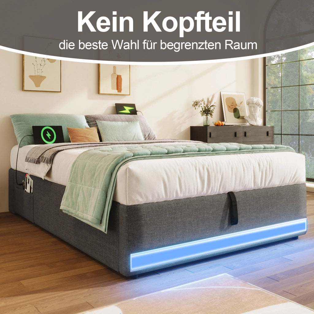 DESMIU Letto contenitore Letto singolo 90 × 200 cm con USB, Type-C, LED e tasche portaoggetti, senza materasso, grigio