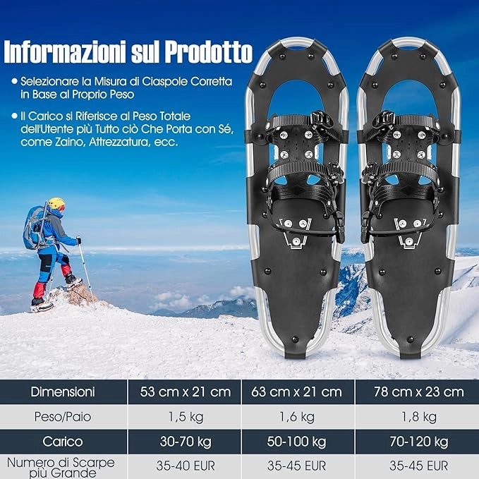 Set 4 in 1 Ciaspole da Neve 53/63/78 cm per Uomini, Donne e Ragazzi con Sistema di Fissaggio, Telaio in Alluminio, Bastoncini da Trekking, Ghette Gambe Impermeabile e Borsa