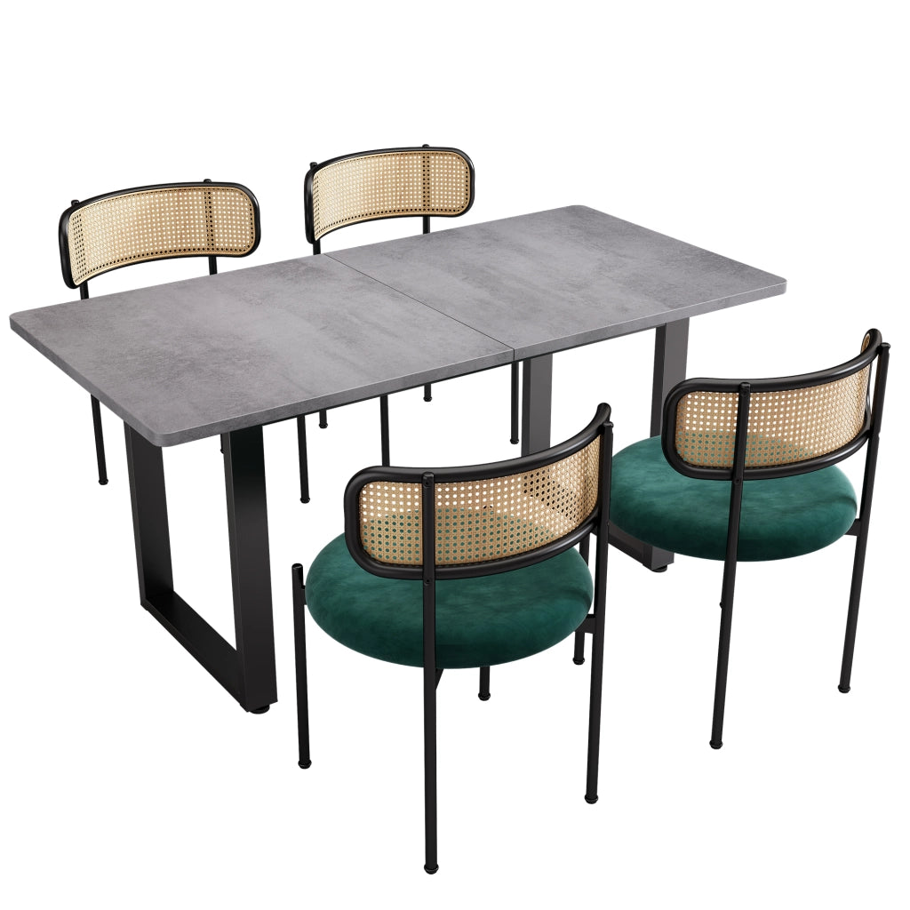Set tavolo e sedie da pranzo 5 pezzi con 4 sedie in velluto e 1 tavolo rettangolare, nero/grigio