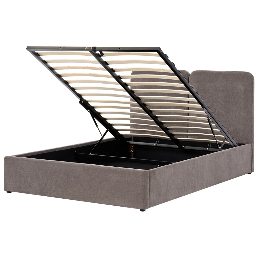 Letto ottomano color tortora in tessuto di ciniglia 140 x 200 cm Testiera imbottita Rete a doghe sollevabile