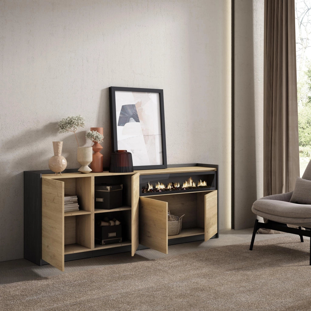 Credenza, Mobile, Cucina, 207x80x37 cm, 4 Porte, Camino elettrico, Rovere e nero