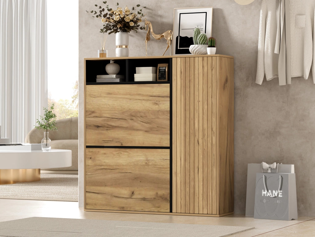 Armadio scarpiere sottile con 2 ribalte e 1 anta, ripiani regolabili, design legno e nero, 90x24x94 cm