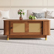 Tavolino basso con 2 ante scorrevoli in rattan, vani interni e angoli arrotondati, noce, 100 × 50 × 42 cm