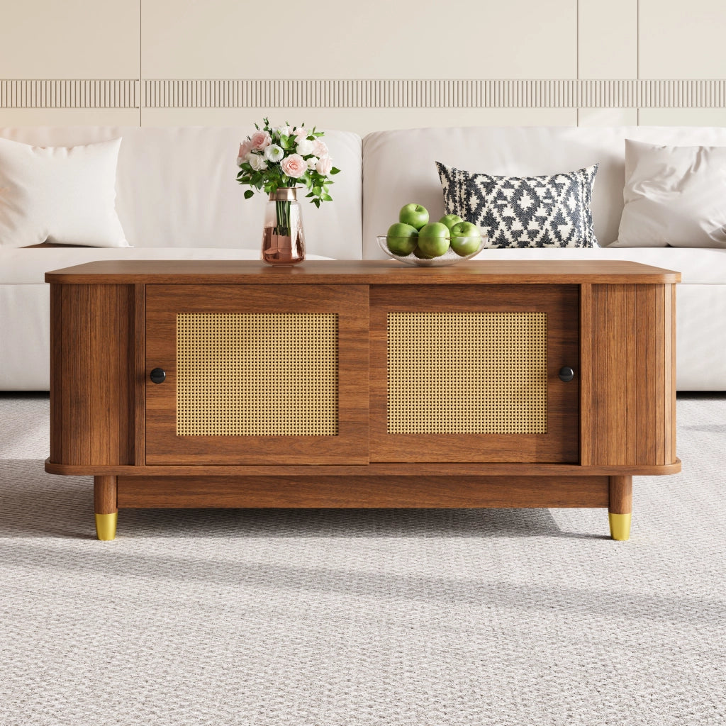 Tavolino basso con 2 ante scorrevoli in rattan, vani interni e angoli arrotondati, noce, 100 × 50 × 42 cm