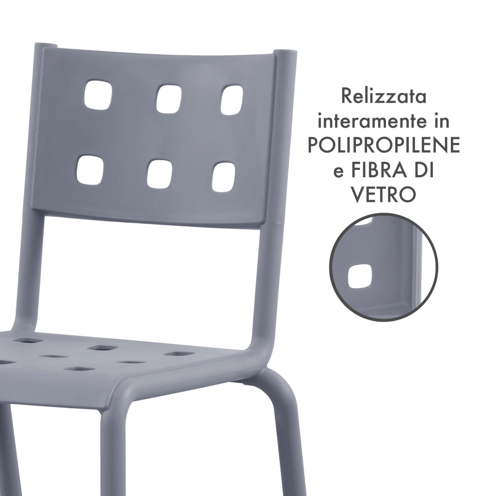 Set 4 Sedie In Polipropilene e Fibra Di Vetro Sedia Cucina Trattamento Uv Antiscolorimento Giardino Interno Esterno Moderne Robuste Resistenti Seduta Terrazzo Soggiorno Bar Ristorante Impilabili Zoe-Grigio