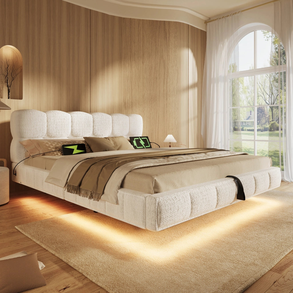 Letto matrimoniale imbottito beige 140x190 cm con sollevamento idraulico; LED e prese USB Type-C