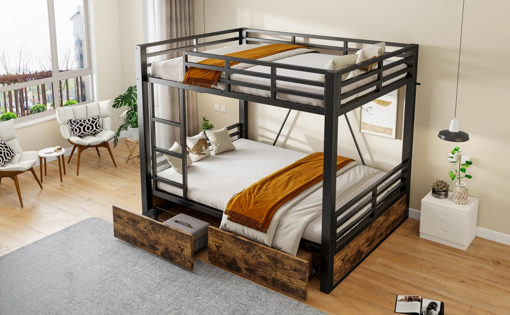 Letto a castello matrimoniale 140 × 200 cm con cassetti, scala e barriere di sicurezza, senza materasso, nero