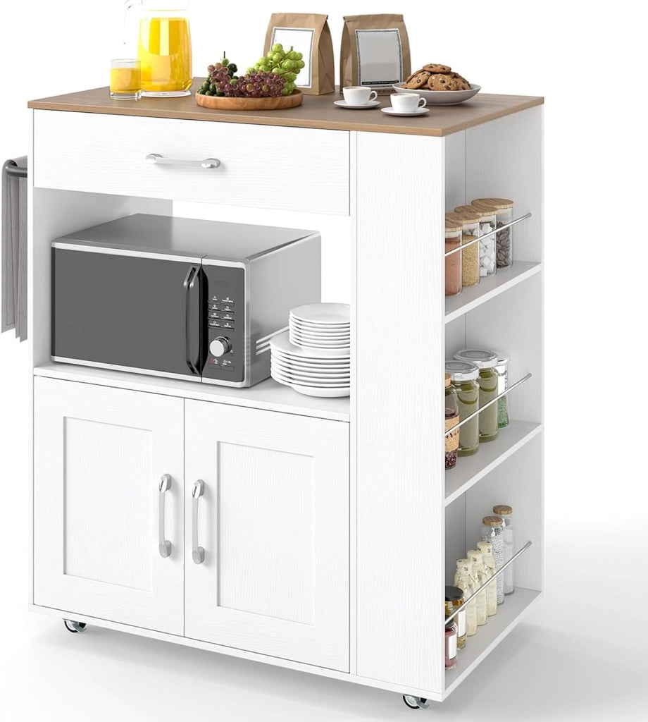 Carrello da Cucina con Ruote, Isola da Cucina con 3 Portaspezie 1 Cassetto Armadietto a 2 Porte, Carrello Portaoggetti con Portasciugamani, 82x46x92 cm (Bianco)