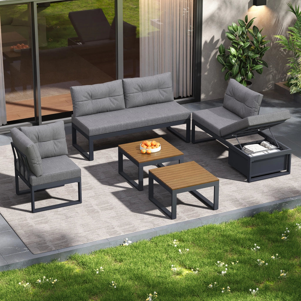 Set lounge da giardino modulare in poliestere grigio con contenitore e schienale regolabile a 3 posizioni