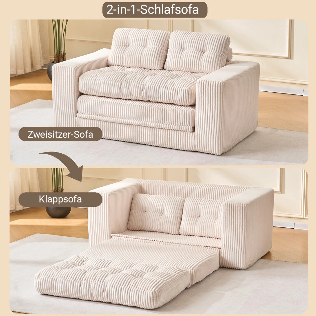 Divano letto a due posti in velluto a coste con funzione 2 in 1 senza montaggio con cuscini rimovibili beige