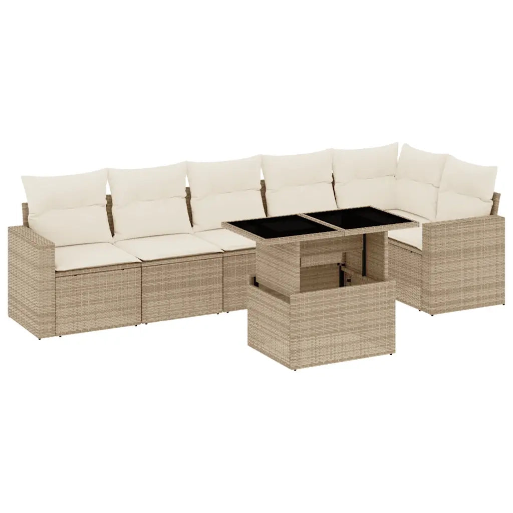 Set Divani da Giardino 7 pz con Cuscini Beige in Polyrattan