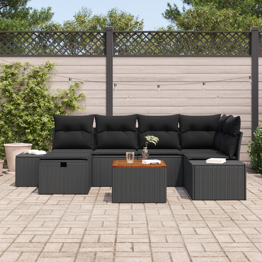 Set Divano da Giardino 7 Pezzi con Cuscini Nero Polyrattan