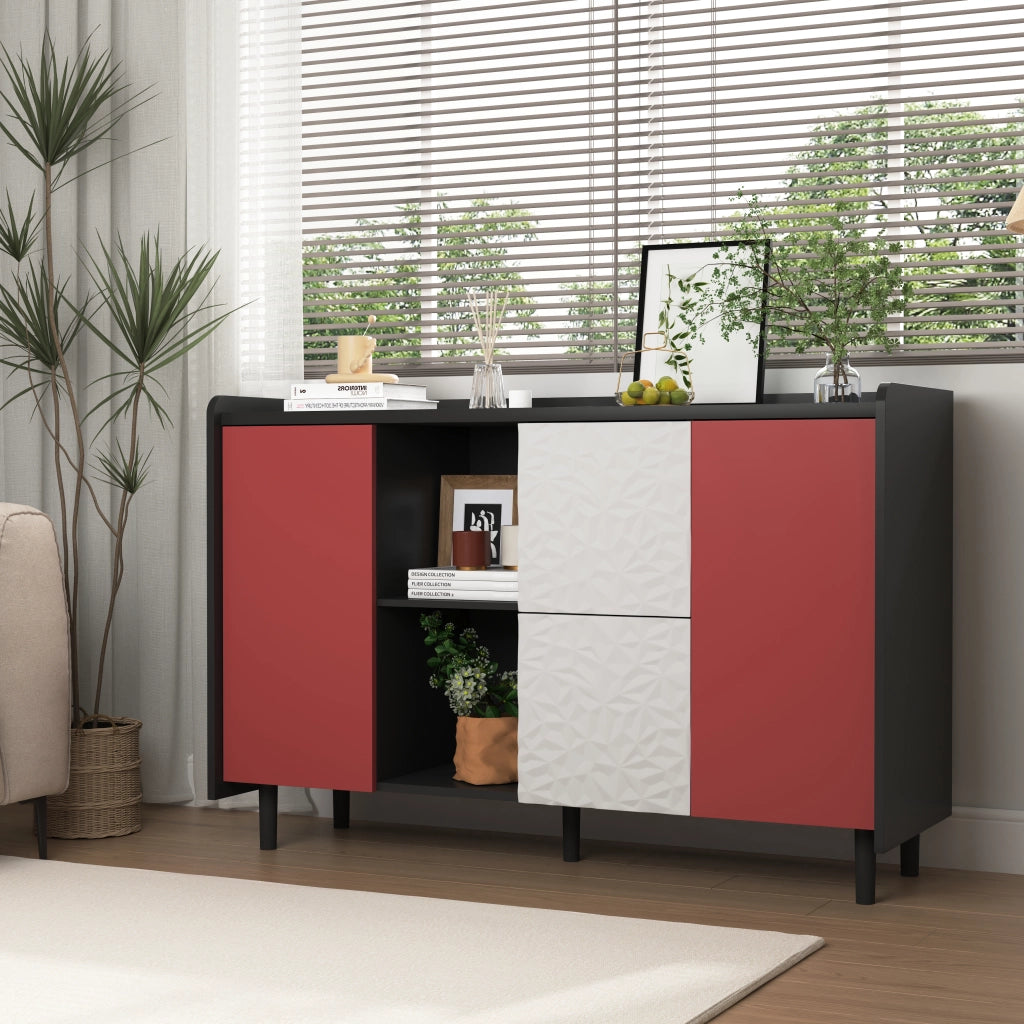 Credenza con 2 Cassetti; 2 Vani Aperti e 1 Anta per Sala da Pranzo in MDF 120 × 40 × 80 cm Nero e Rosso