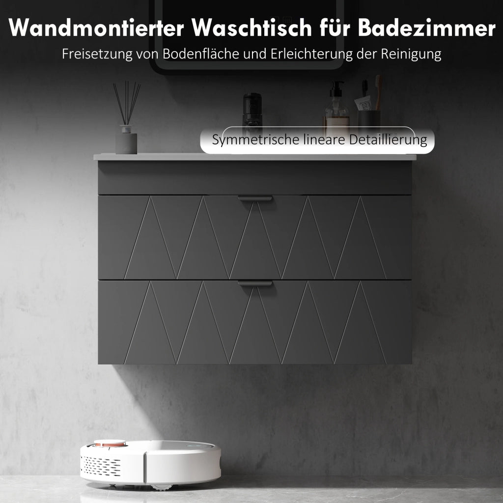 Mobiletto Sottolavabo Sospeso con Lavabo Ceramica e Cassetti Soft-Close ¨C zephmum ¨C Nero