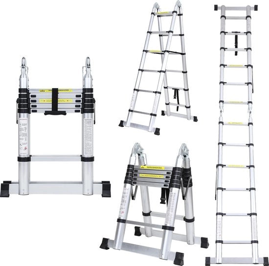 Ladder Telescopica Soft Close - Altezza di Lavoro 1,9+1,9 m - Argento con Stabilizzatore