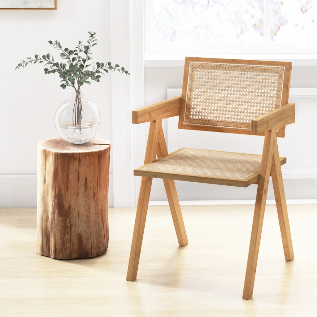 Set 2 Sedie in rattan con telaio naturale in bambù schienale e braccioli-Sedie da pranzo stile mid-century Naturale