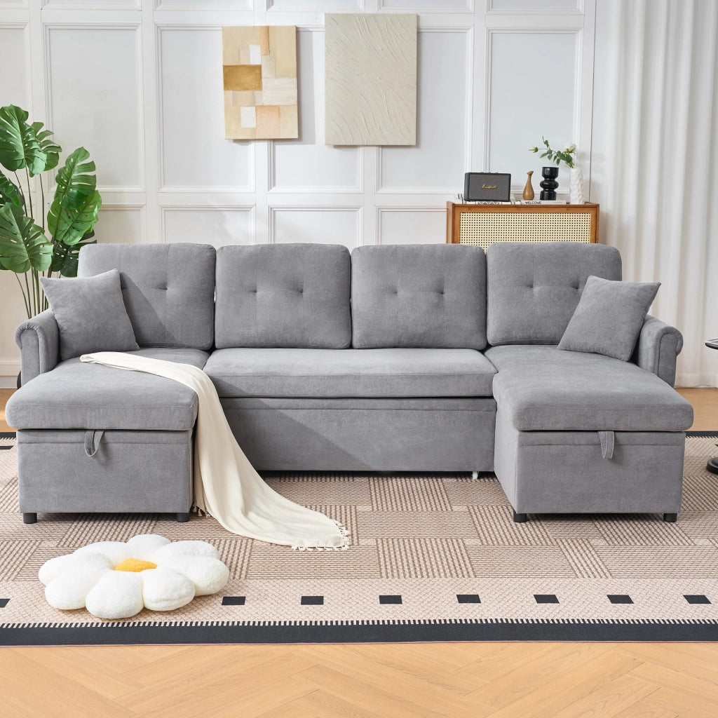 Divano letto angolare 4-5 posti con contenitore e tasca laterale in chenille grigio