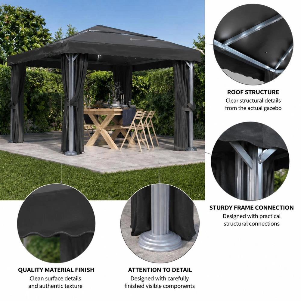 Pavilion With Curtains & LED String Lights 4x3 M Anthracite
