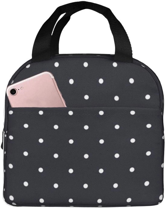 Borsa isolata per pranzo con punti neri, contenitore per pranzo riutilizzabile, termos, borsa per picnic, ufficio, lavoro