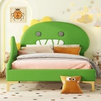 Letto Imbottito per Bambini 4+ Anni a Forma di Dinosauro con Doghe in Legno, Rivestimento in Pelle PU, Senza Materasso, 90×200 cm, Verde