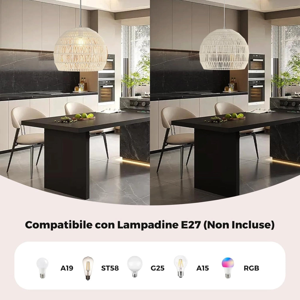 Lampada a Sospensione, Lampadario Moderno con Struttura in Metallo e Cupola in Carta, Luce con Altezza Regolabile per Cucina, Camera da Letto e Soggiorno, 43 x 43 x 34 cm (Beige)
