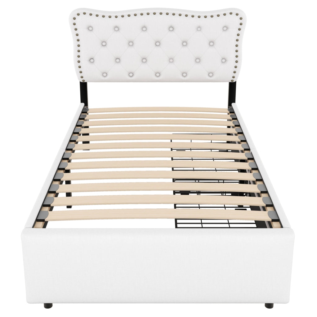 Letto imbottito 90x200 cm con cassetti; bottoni decorativi; MDF; beige chiaro