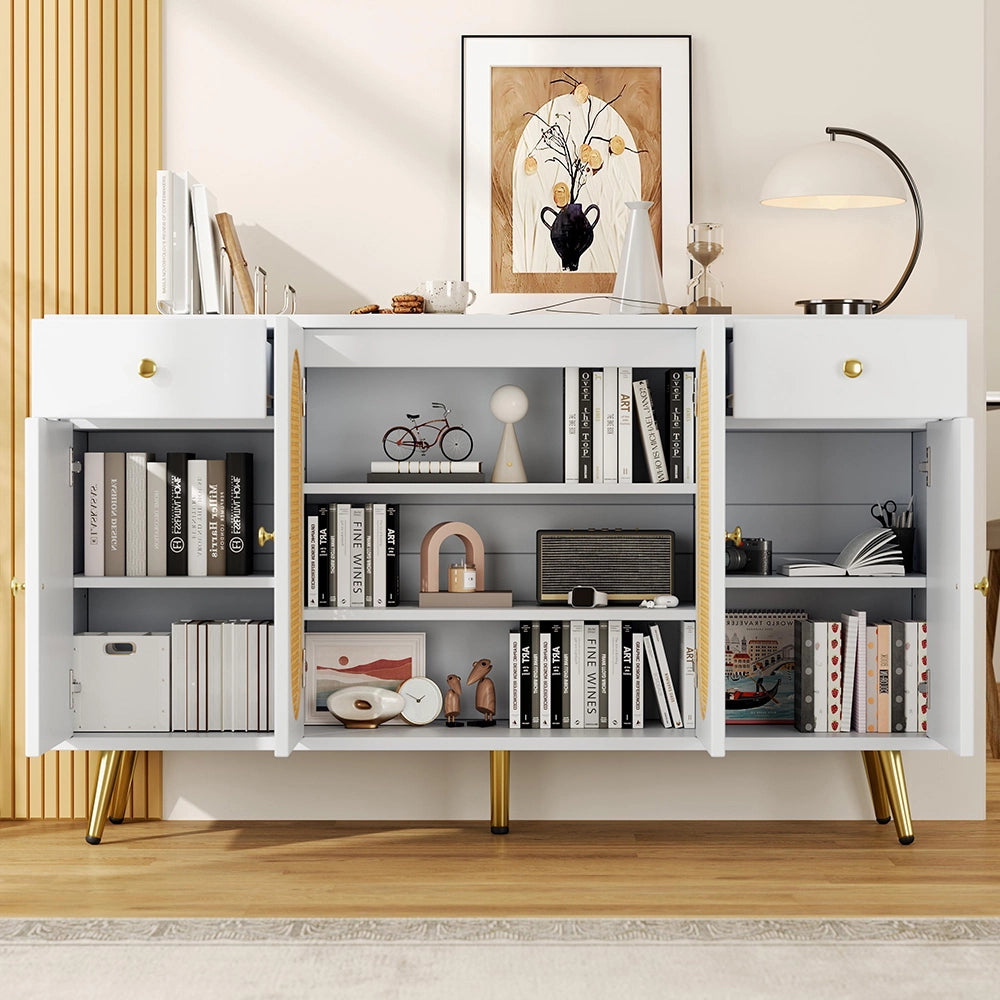 Commode buffet con 2 cassetti e 4 ante - Xylo - Bianco e toni naturali, L140xP35xH82 cm