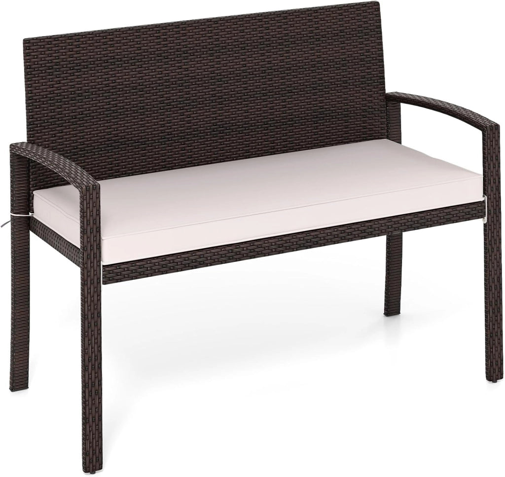 Panchina da Esterno in Rattan PE 110 x 56 x 84 cm, Panchina da Giardino con Morbido Cuscino, Schienale e Braccioli, Poltrona per Veranda, Balcone e Ingresso (Grigio)