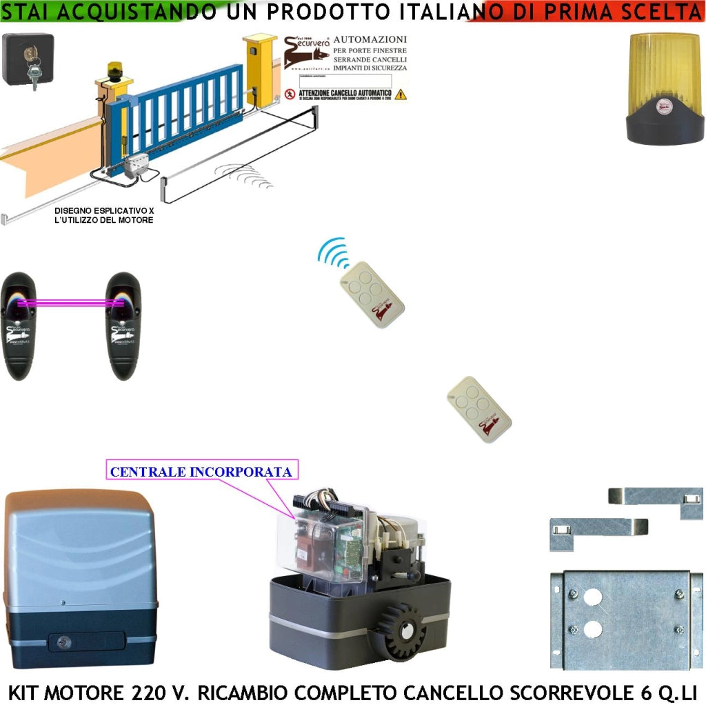 Motore 230 V Con Centrale per Cancello Scorrevole Traina 6 Q.li 2 Radiocomandi Faro Selettore Coppia Fotocellule Pignone Acciaio M4 Z12 Fine Corsa Elettromeccanico Ricambio Universale Altre Marche CE