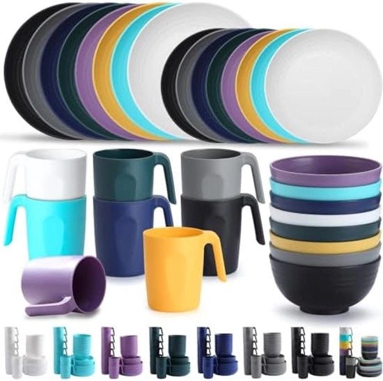 Set di accessori da cucina da 32 pezzi, piatti, tazze e scodelle resistenti e riciclabili, leggere e facili da trasportare e da pulire, sicure per il forno a microonde, BPA libere, servizio per 8 persone.