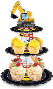 Supporto per torte a 3 livelli - Tavolo per torte - Decorazione per feste - Scatola rigida - 30x46,7cm - Disegno tema costruzione - Supporto per torte