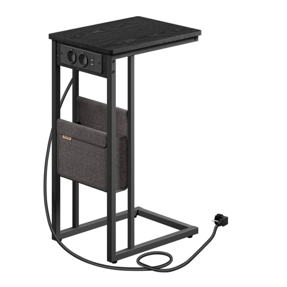 Tavolino laterale/comodino con multipresa/tavolino a forma di C per piccoli spazi 2 porte USB e prese piedini regolabili per camera da letto/soggiorno finitura in legno nero 12_0007571