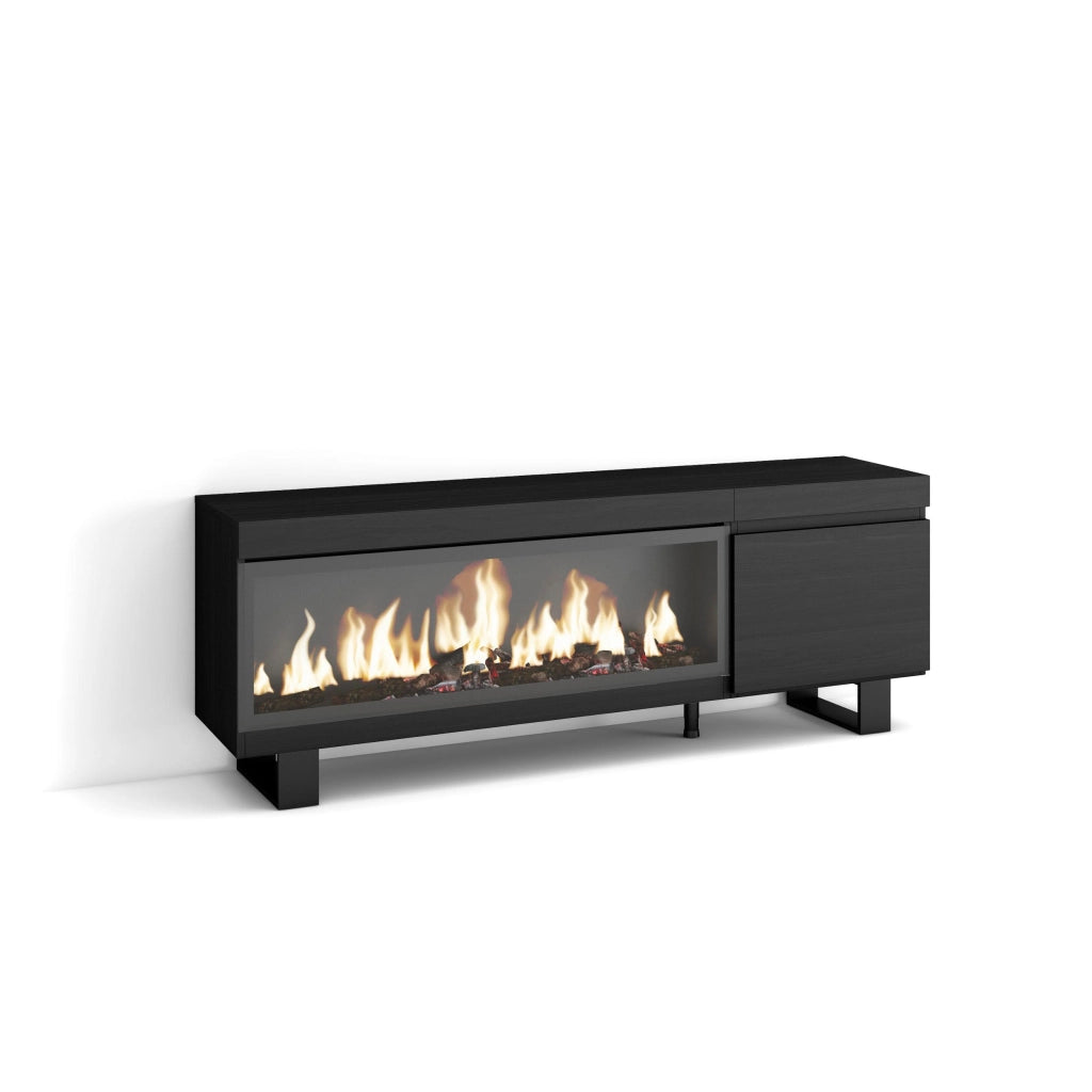 Mobile TV Soggiorno, 158x35x57cm, Per TV fino a 65", Camino elettrico XXL, Design industriale, Nero RF3245