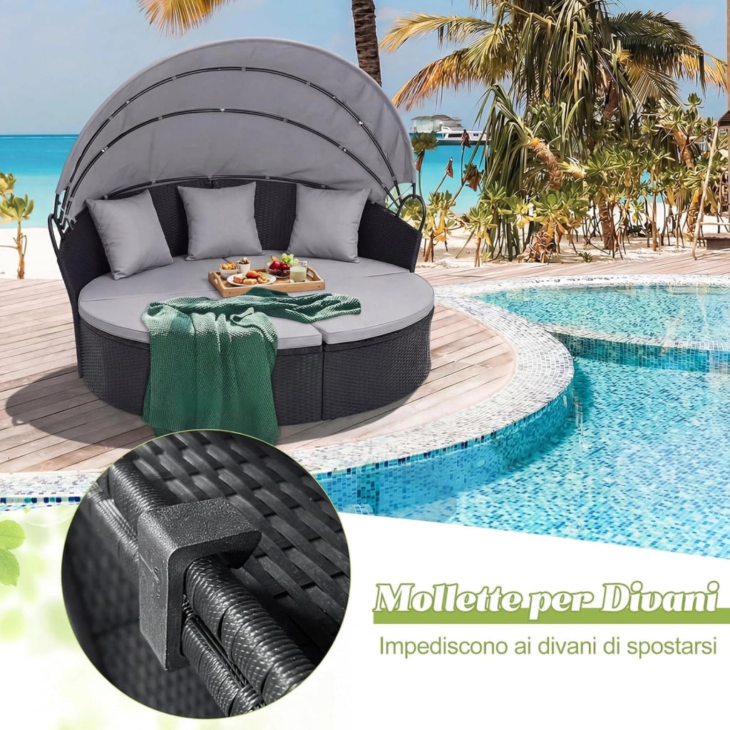 2 in 1 Isola Prendisole da Giardino per 2 Persone, Lettino Prendisole in Rattan con Tettuccio Retrattile, Divanetto Letto da Esterno con Cuscini per Terrazzo Balcone, 187x180x157 cm (Grigio)